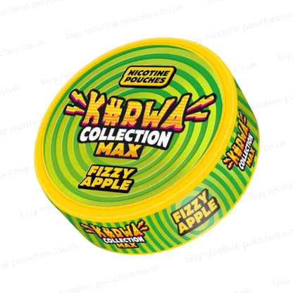 Angled shot of a nicotine pouch container with green Kurwa Collection Max Fizzy Apple branding on a white background.