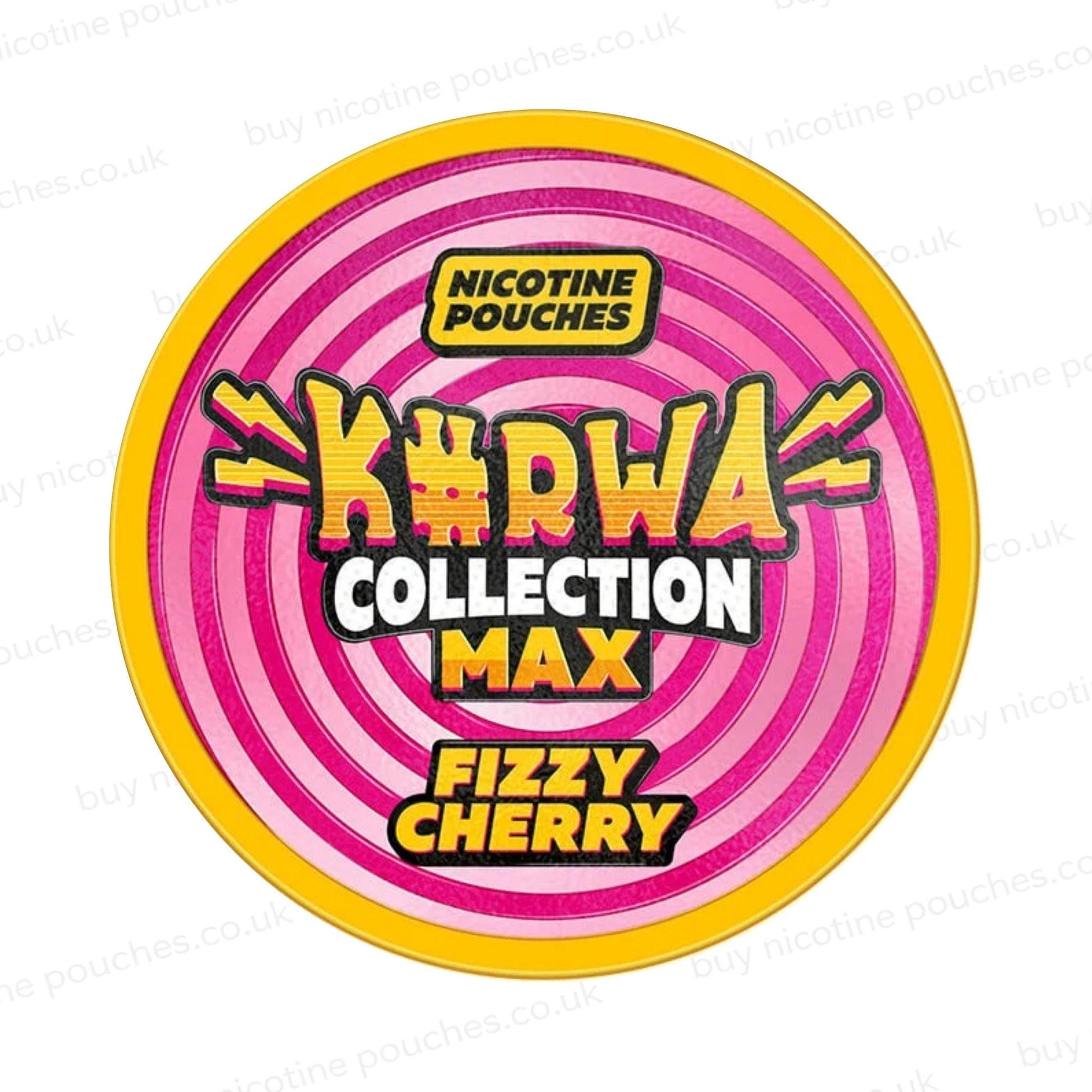 Nicotine pouch container with pink Kurwa Collection Max Fizzy Cherry branding on a white background.