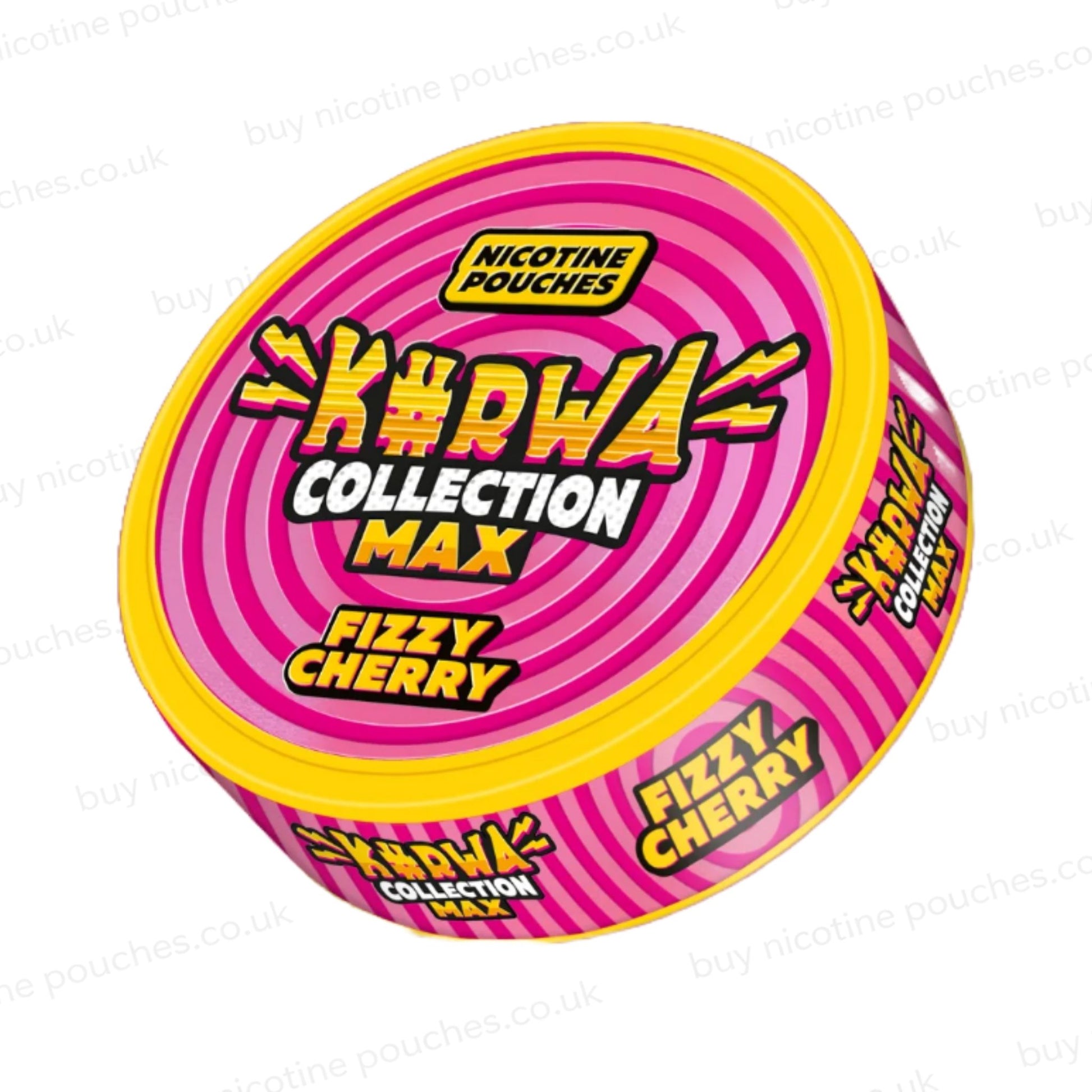 Angled shot of a nicotine pouch container with pink Kurwa Collection Max Fizzy Cherry branding on a white background.