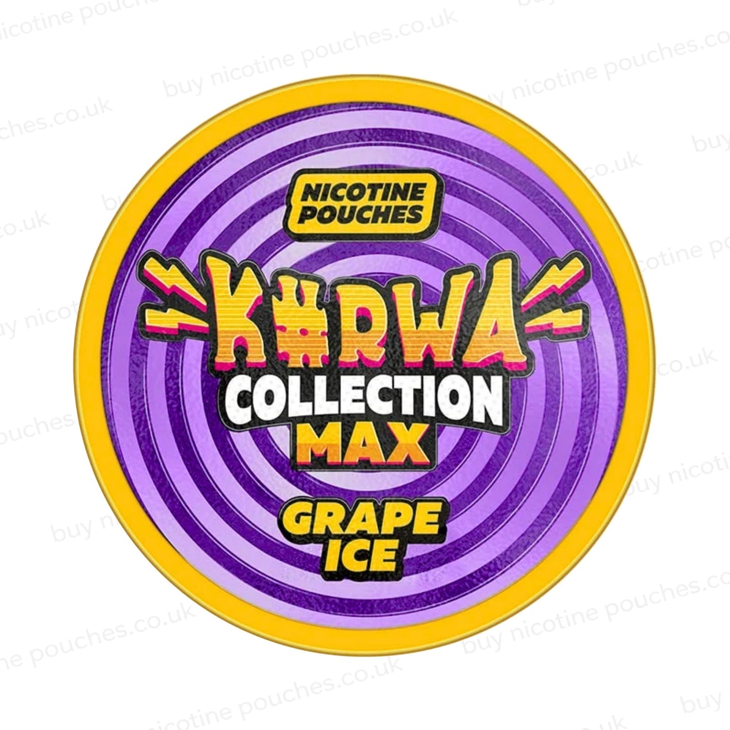 Nicotine pouch container with purple Kurwa Collection Max Grape Ice branding on a white background.