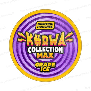 Nicotine pouch container with purple Kurwa Collection Max Grape Ice branding on a white background.