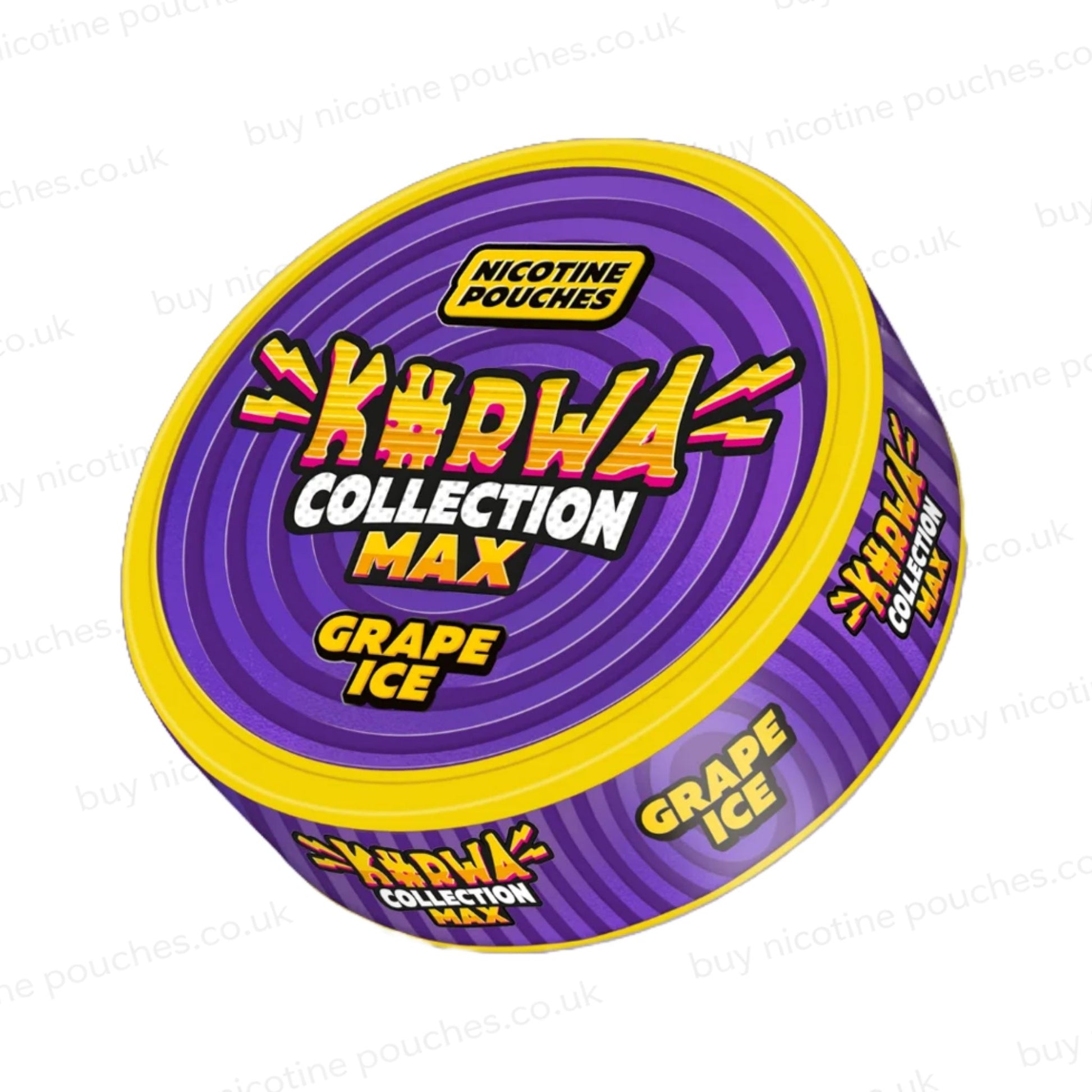 Angled shot of a nicotine pouch container with purple Kurwa Collection Max Grape Ice branding on a white background.