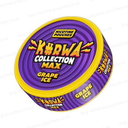 Angled shot of a nicotine pouch container with purple Kurwa Collection Max Grape Ice branding on a white background.