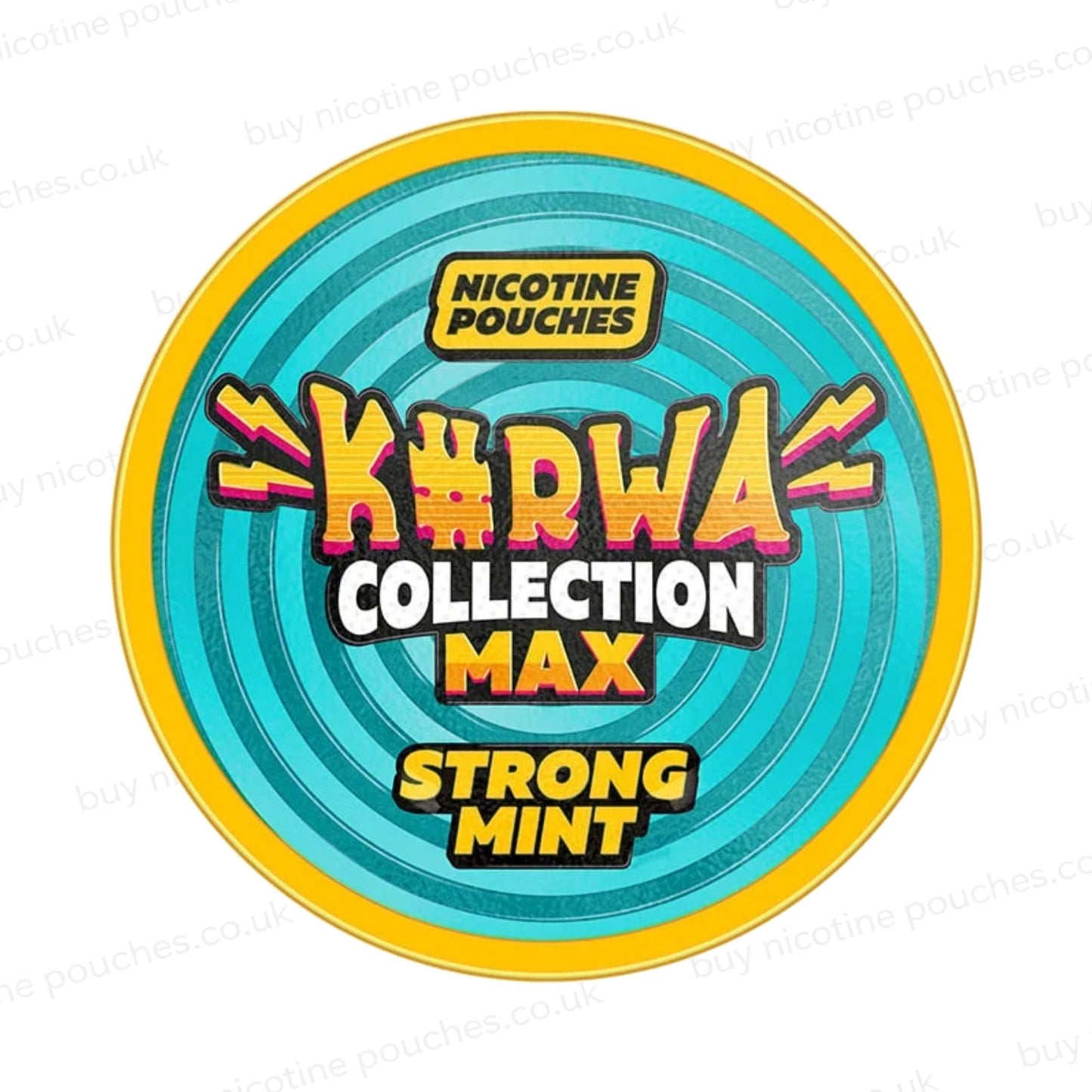 Nicotine pouch container with Kurwa Collection Max Strong Mint branding on a white background.