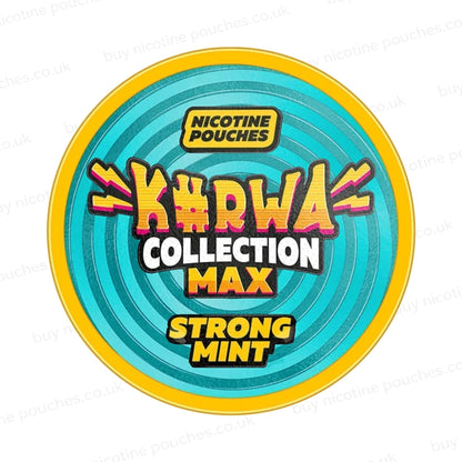 Nicotine pouch container with Kurwa Collection Max Strong Mint branding on a white background.