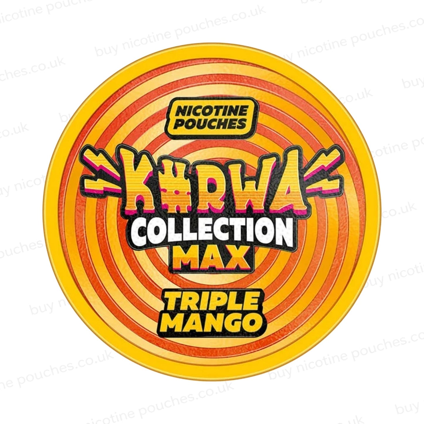 Nicotine pouch container with Kurwa Collection Max Triple Mango branding on a white background.
