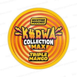 Nicotine pouch container with Kurwa Collection Max Triple Mango branding on a white background.