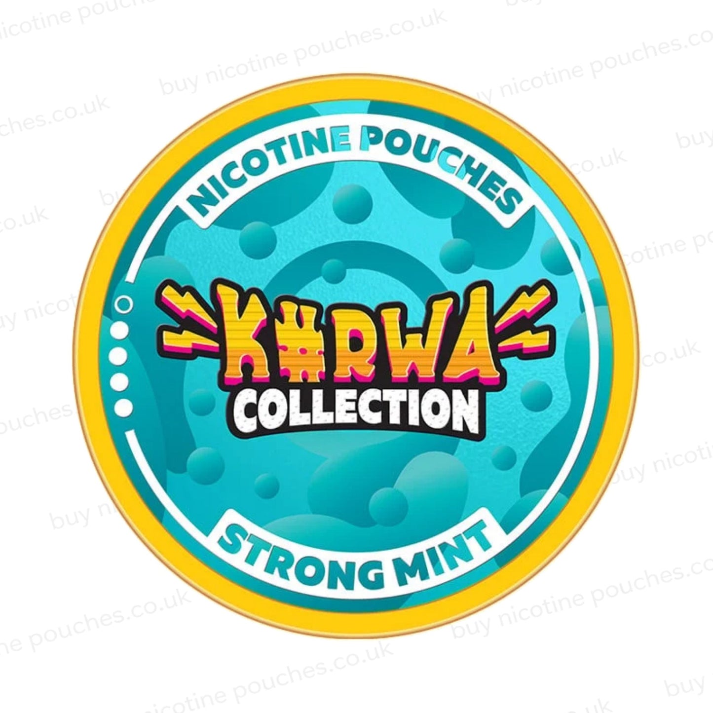 Nicotine pouch container with blue Kurwa Collection Strong Mint branding on a white background.