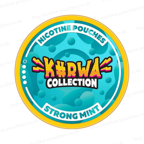 Nicotine pouch container with blue Kurwa Collection Strong Mint branding on a white background.