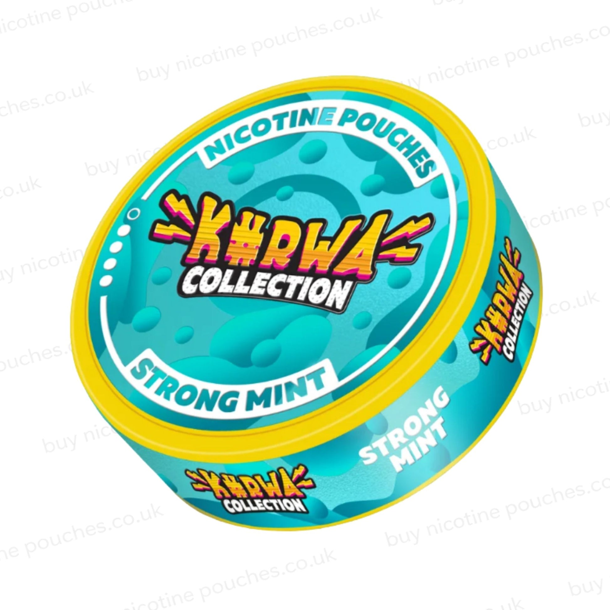 Angled shot of a nicotine pouch container with blue Kurwa Collection Strong Mint branding on a white background.
