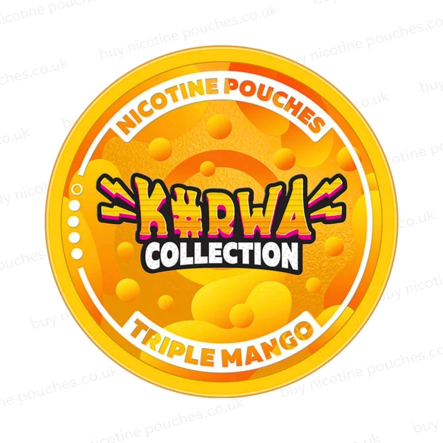 Nicotine pouch container with orange Kurwa Collection Triple Mango branding on a white background.