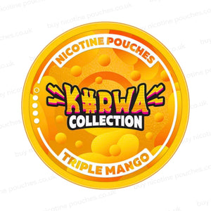 Nicotine pouch container with orange Kurwa Collection Triple Mango branding on a white background.