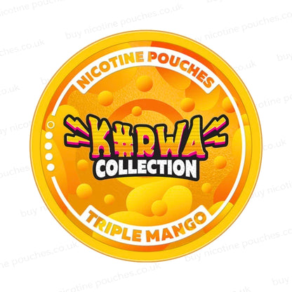 Nicotine pouch container with orange Kurwa Collection Triple Mango branding on a white background.