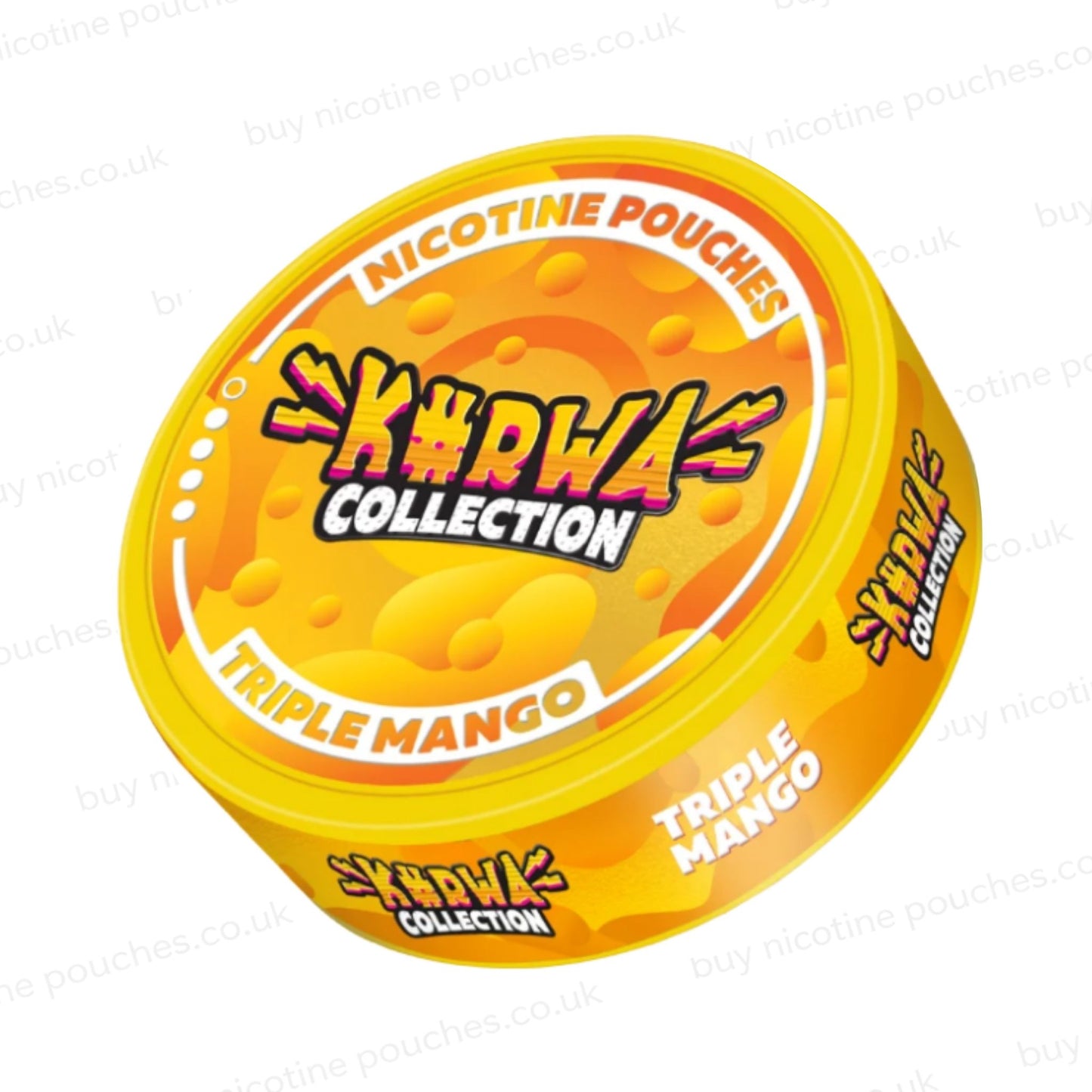 Angled shot of a nicotine pouch container with orange Kurwa Collection Triple Mango branding on a white background.