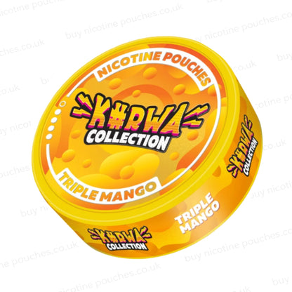 Angled shot of a nicotine pouch container with orange Kurwa Collection Triple Mango branding on a white background.