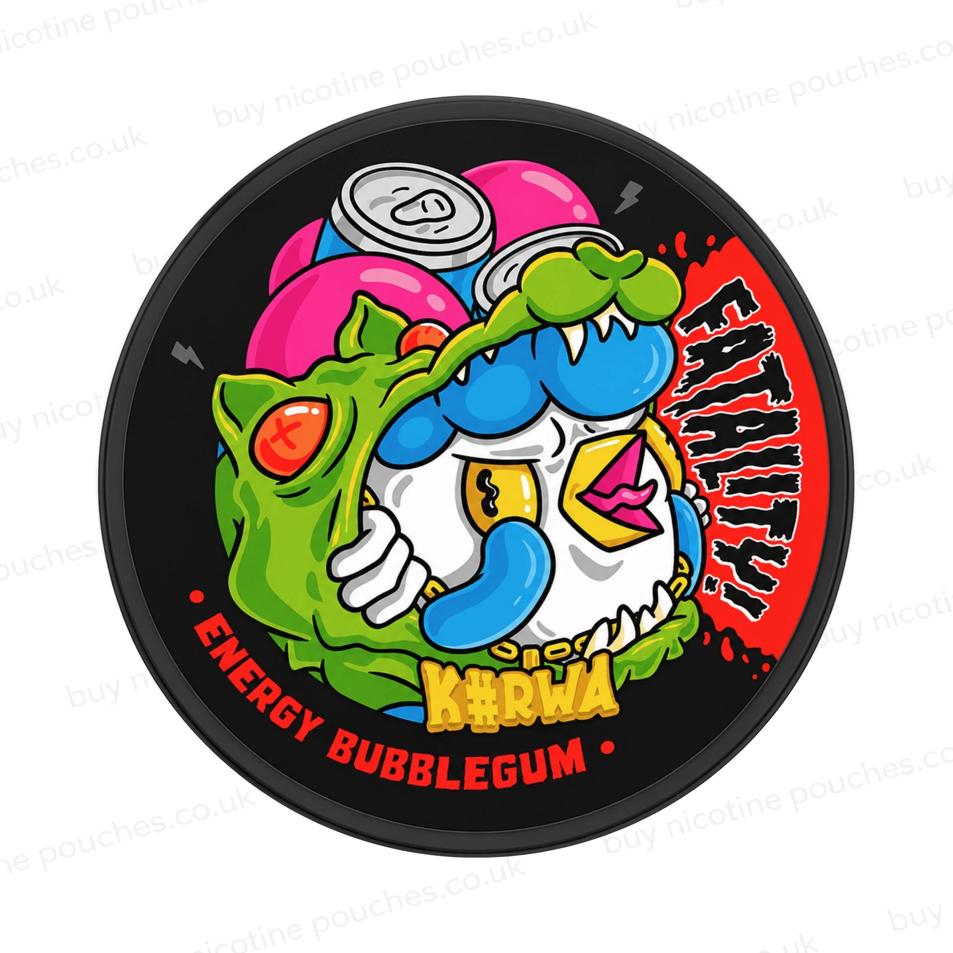 Nicotine pouch container with Kurwa Energy Bubblegum cartoon branding on a white background.