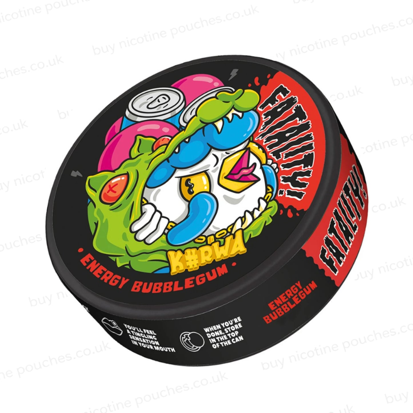 Angled shot of a nicotine pouch container with Kurwa Energy Bubblegum cartoon branding on a white background.