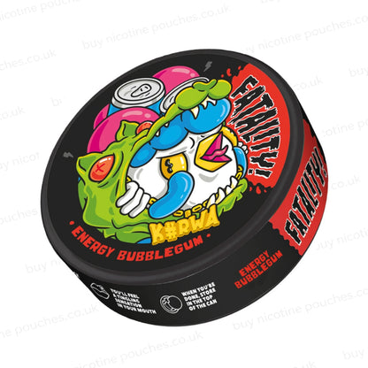 Angled shot of a nicotine pouch container with Kurwa Energy Bubblegum cartoon branding on a white background.