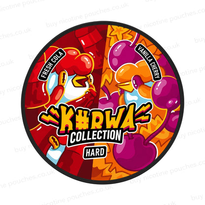 Nicotine pouch container with red, purple and orange K#RWA Collection Fresh Cola Vanilla Cherry cartoon branding on a white background.