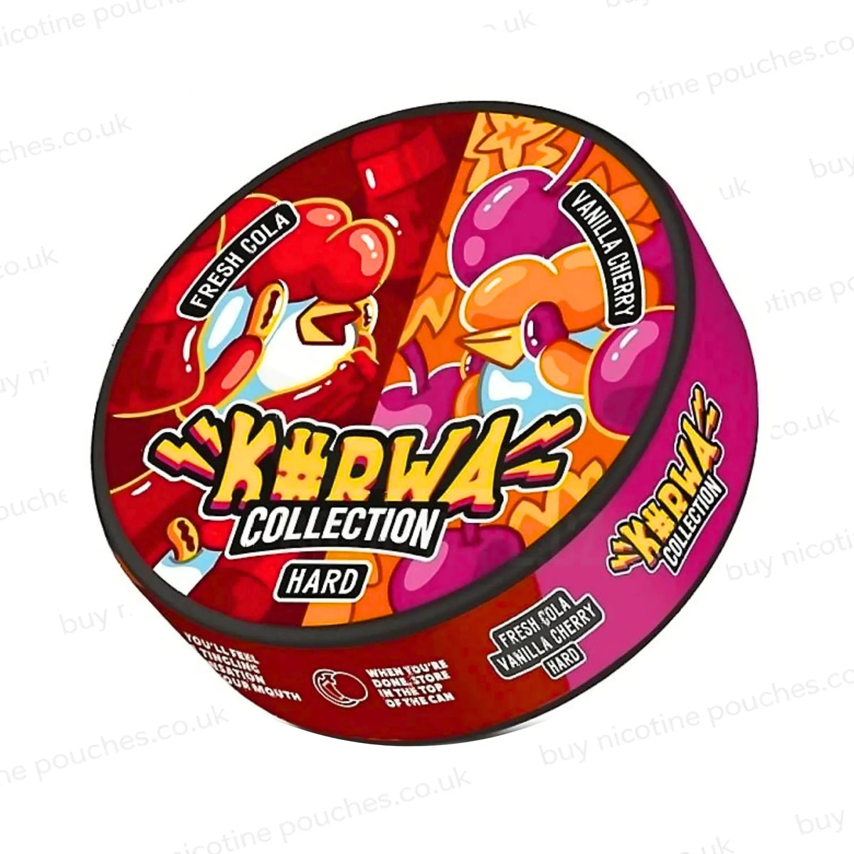 Angled shot of a nicotine pouch container with red, purple and orange K#RWA Collection Fresh Cola Vanilla Cherry cartoon branding on a white background.