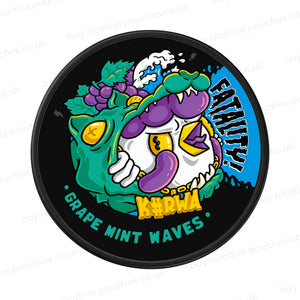 Nicotine pouch container with Kurwa Fatality Grape Mint Waves cartoon branding on a white background.
