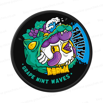 Nicotine pouch container with Kurwa Fatality Grape Mint Waves cartoon branding on a white background.
