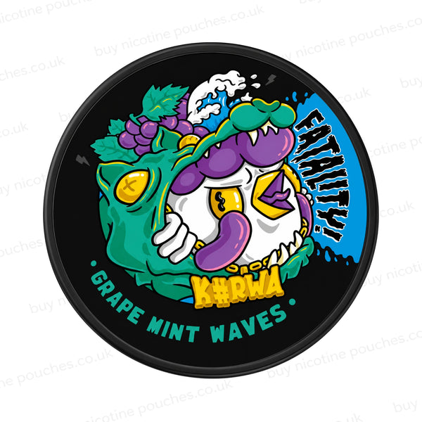 Nicotine pouch container with Kurwa Fatality Grape Mint Waves cartoon branding on a white background.