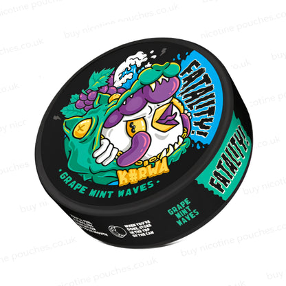 Angled shot of a nicotine pouch container with Kurwa Fatality Grape Mint Waves cartoon branding on a white background.