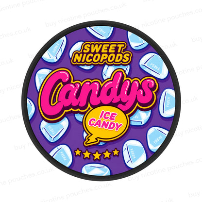 Nicotine pouch container with pink and purple Candys Ice Candy branding on a white background.