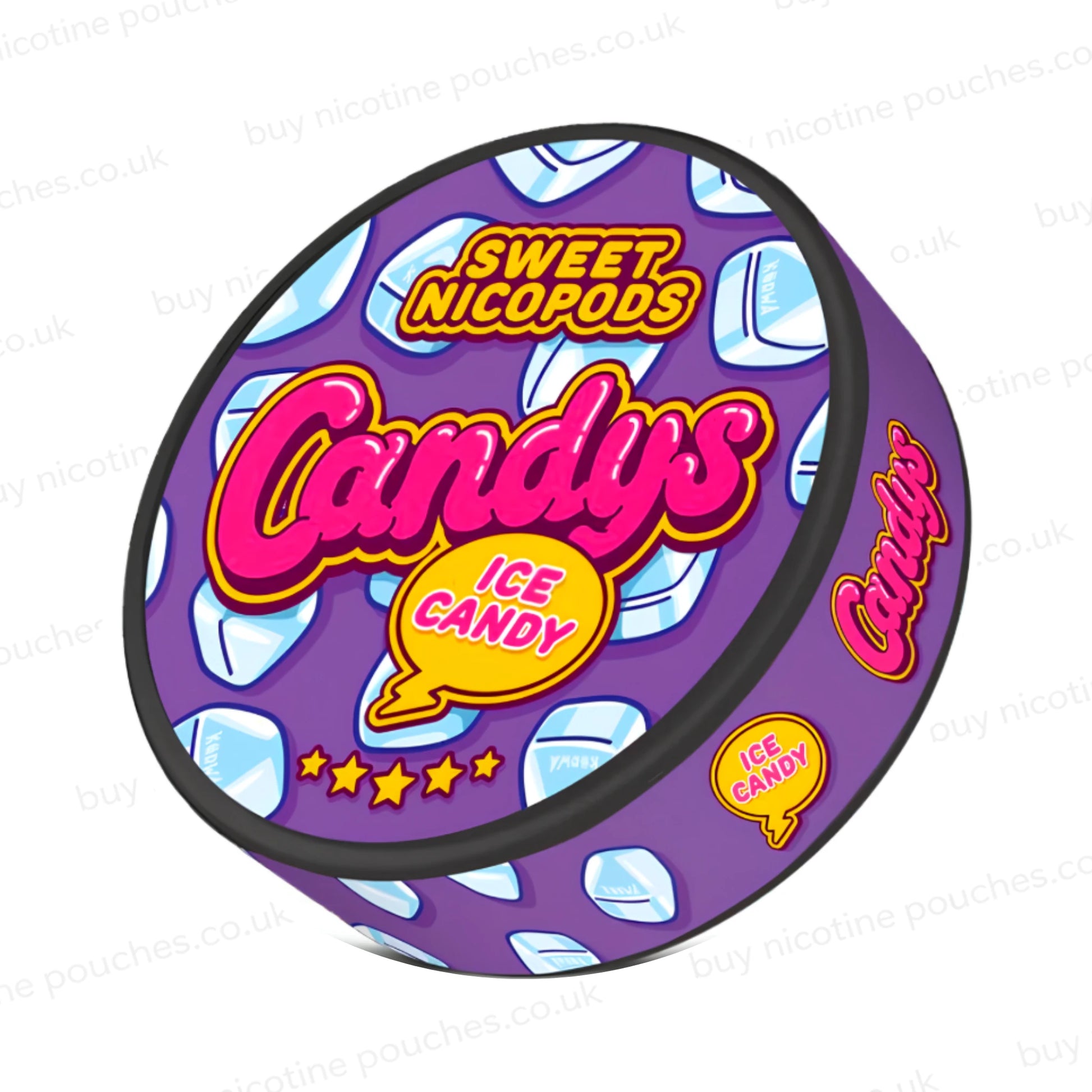 Angled shot of a nicotine pouch container with pink and purple Candys Ice Candy branding on a white background.