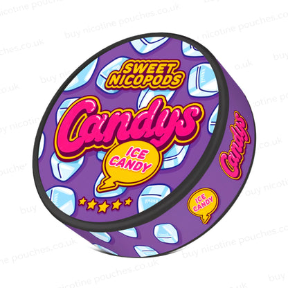 Angled shot of a nicotine pouch container with pink and purple Candys Ice Candy branding on a white background.