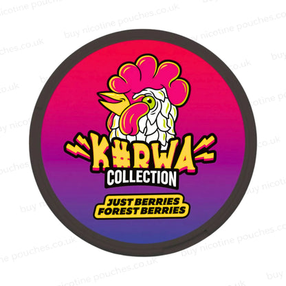 Nicotine pouch container with blue and pink K#rwa Collection Just Berries Forest Berries cartoon chicken branding on a white background.