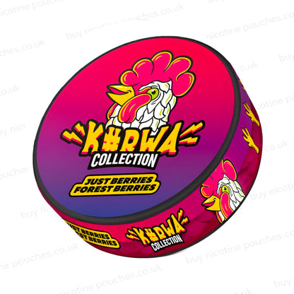 Angled shot of a nicotine pouch container with blue and pink K#rwa Collection Just Berries Forest Berries cartoon chicken branding on a white background.