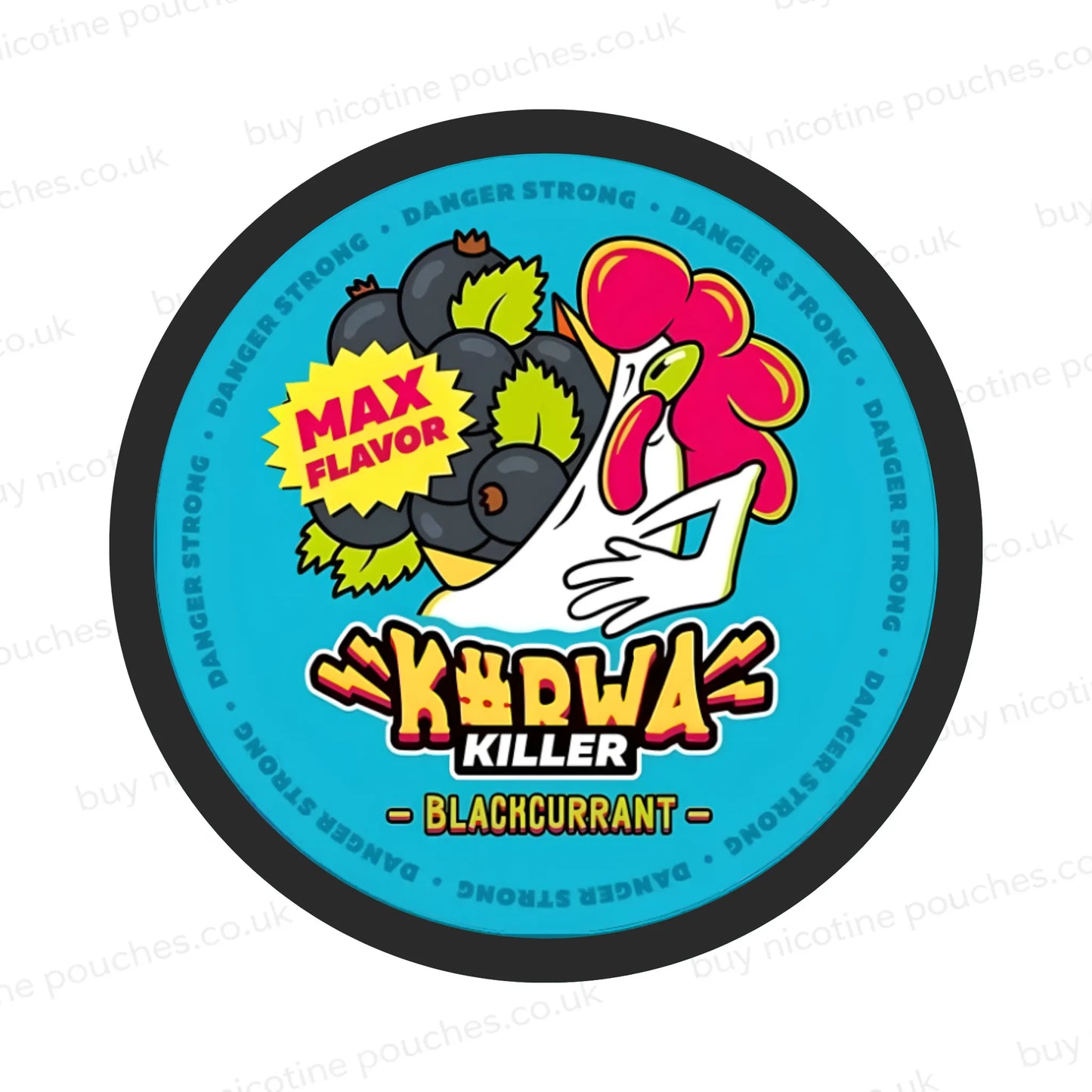 A nicotine pouch container with blue, white and red K#rwa Killer Blackcurrant chicken cartoon branding on a white background.