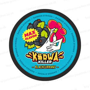 A nicotine pouch container with blue, white and red K#rwa Killer Blackcurrant chicken cartoon branding on a white background.