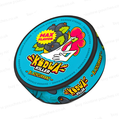 Angled shot of a nicotine pouch container with blue, white and red K#rwa Killer Blackcurrant chicken cartoon branding on a white background.