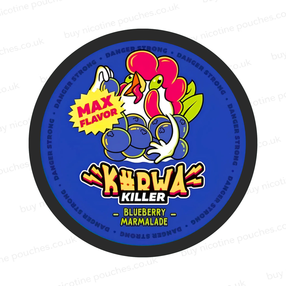Nicotine pouch container featuring a cartoon chicken and blueberries on a blue background, with the text 'K#RWA KILLER' and 'BLUEBERRY MARMALADE' plus 'MAX FLAVOR'.