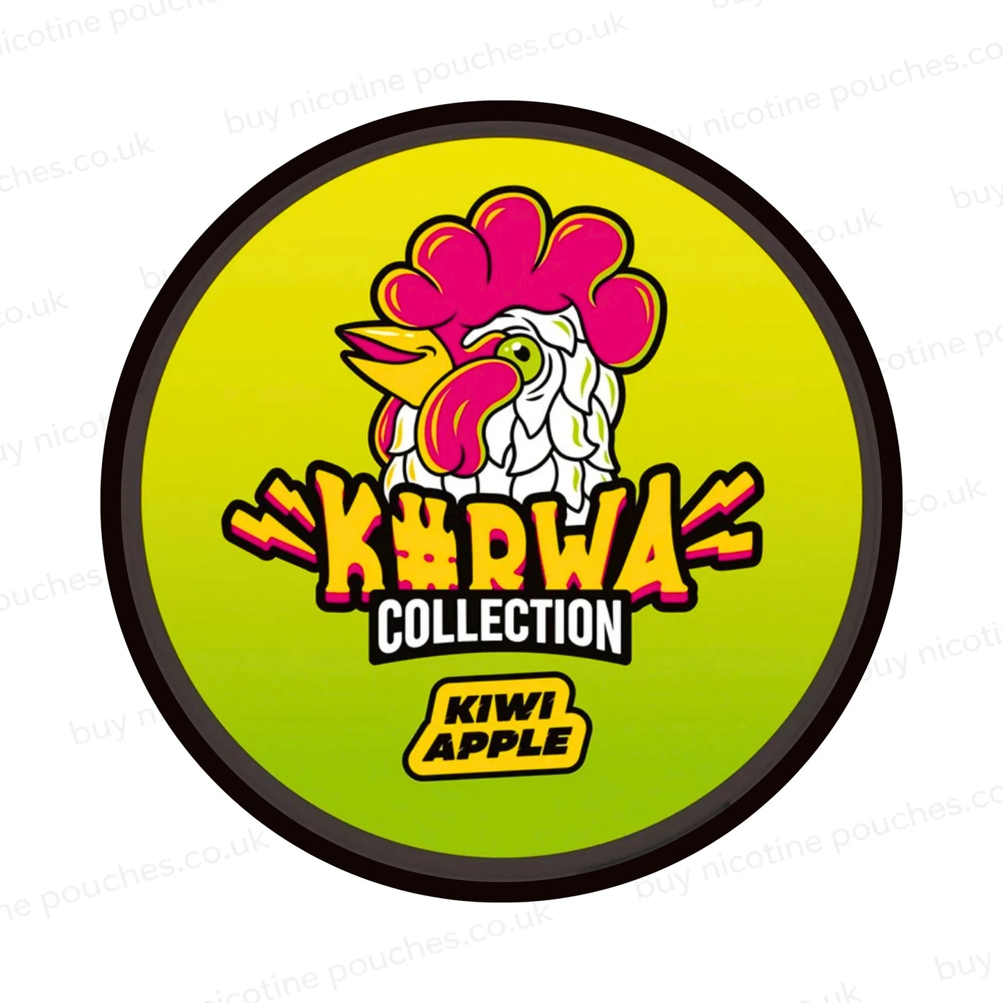 Nicotine pouch container with yellow and green KURWA Collection Kiwi Apple branding on a white background.