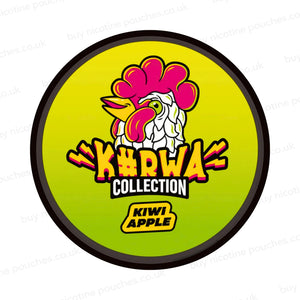 Nicotine pouch container with yellow and green KURWA Collection Kiwi Apple branding on a white background.