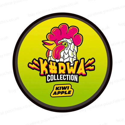 Nicotine pouch container with yellow and green KURWA Collection Kiwi Apple branding on a white background.