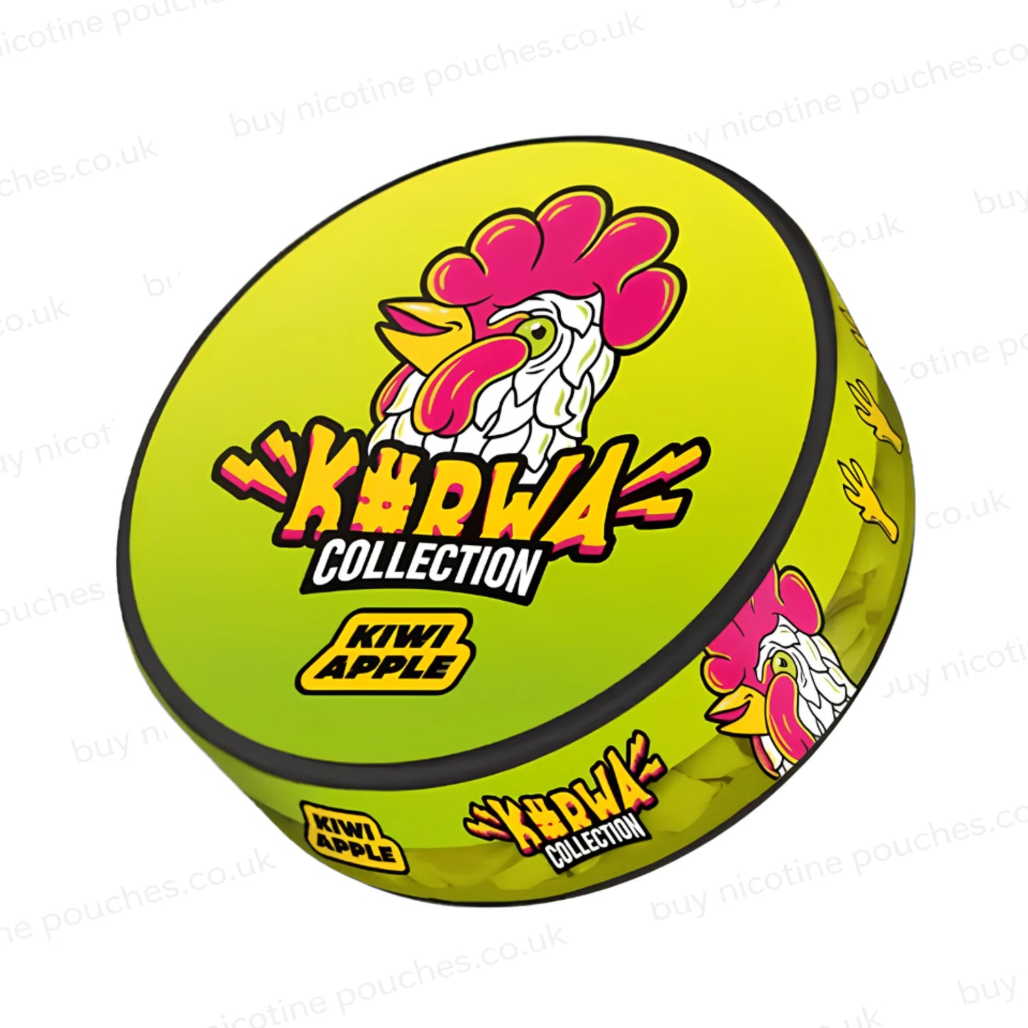 Angled shot of a nicotine pouch container with yellow and green KURWA Collection Kiwi Apple branding on a white background.
