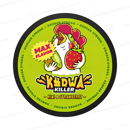 Nicotine pouch container with green K#RWA KILLER Kiwi & Strawberry branding on a white background.