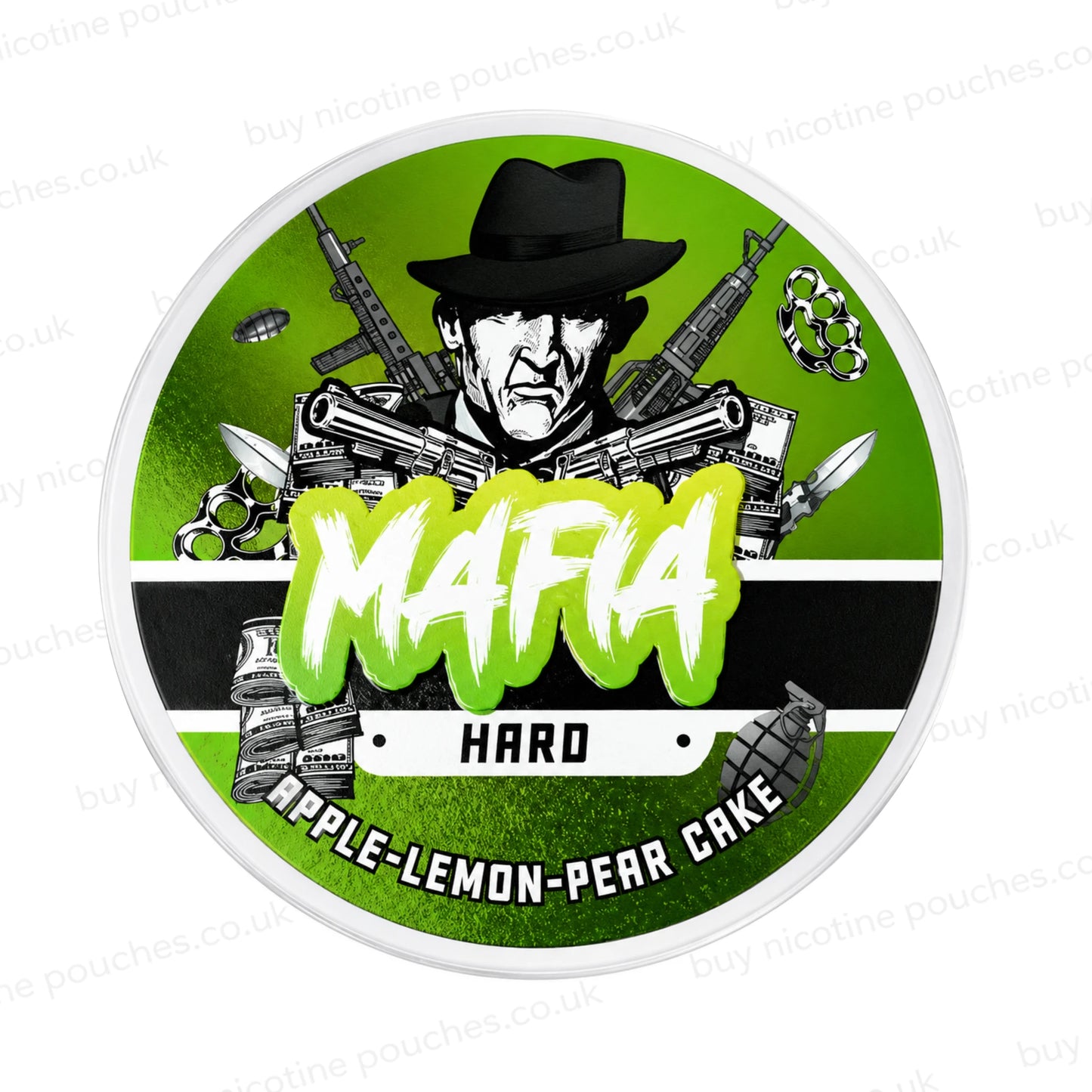 Nicotine pouch container with green MAFIA Apple Lemon Pear Cake branding on a white background.