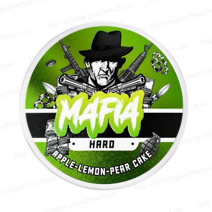 Nicotine pouch container with green MAFIA Apple Lemon Pear Cake branding on a white background.