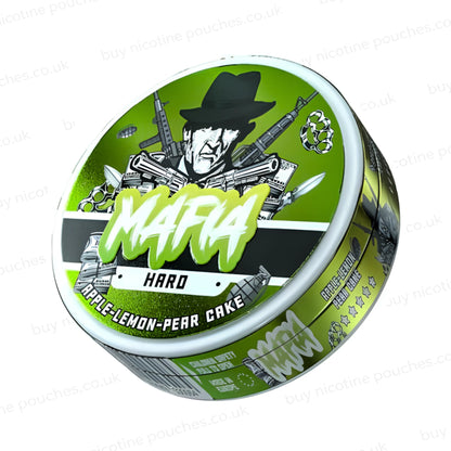 Angled shot of a nicotine pouch container with green MAFIA Apple Lemon Pear Cake branding on a white background.