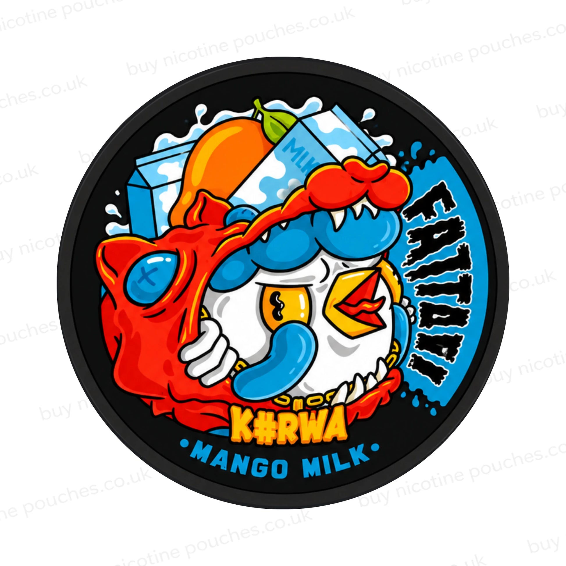 Black nicotine pouch container with Kura Mango Milk cartoon branding on a white background.