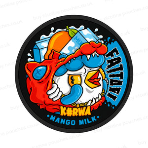 Black nicotine pouch container with Kura Mango Milk cartoon branding on a white background.