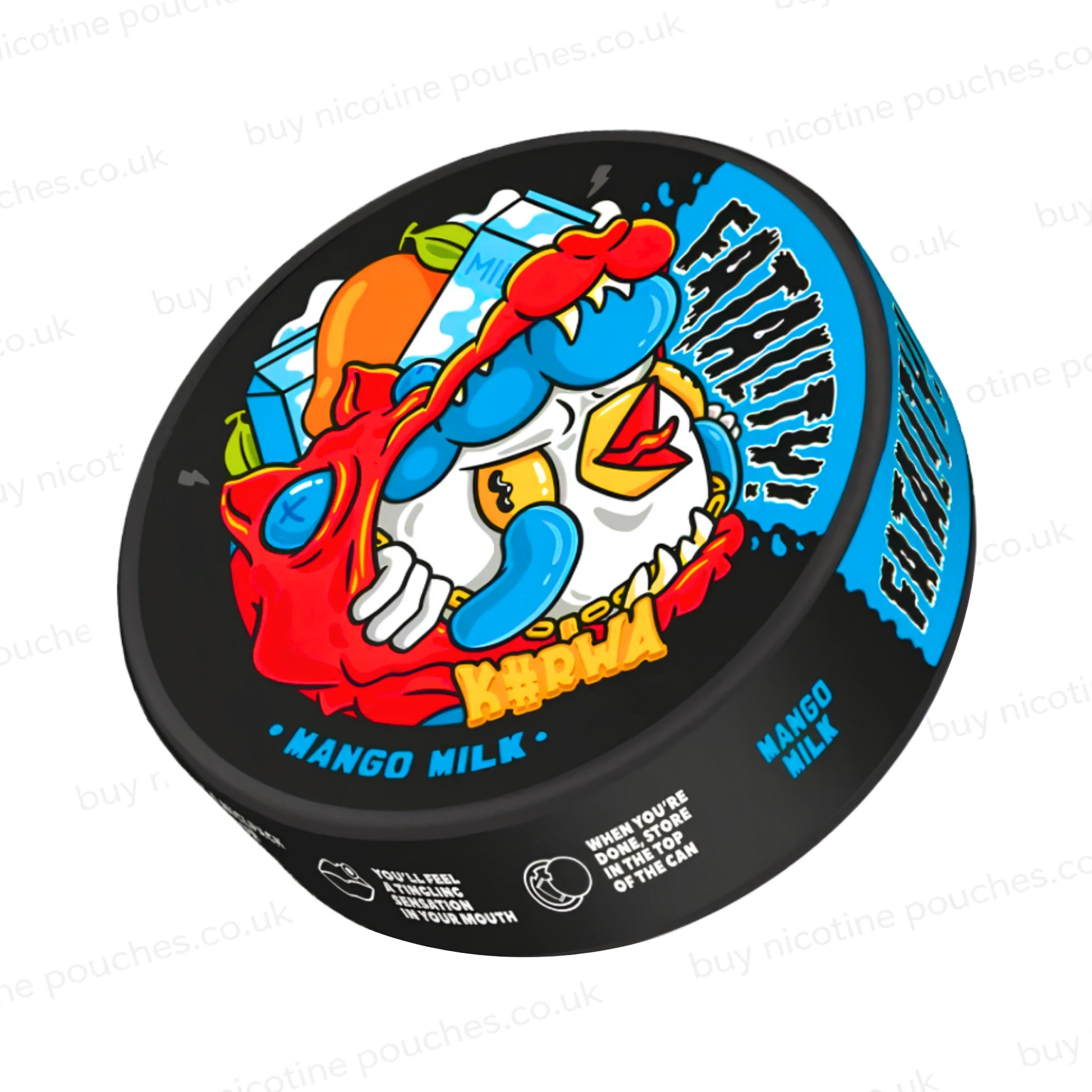 Angled shot of a black nicotine pouch container with Kura Mango Milk cartoon branding on a white background.