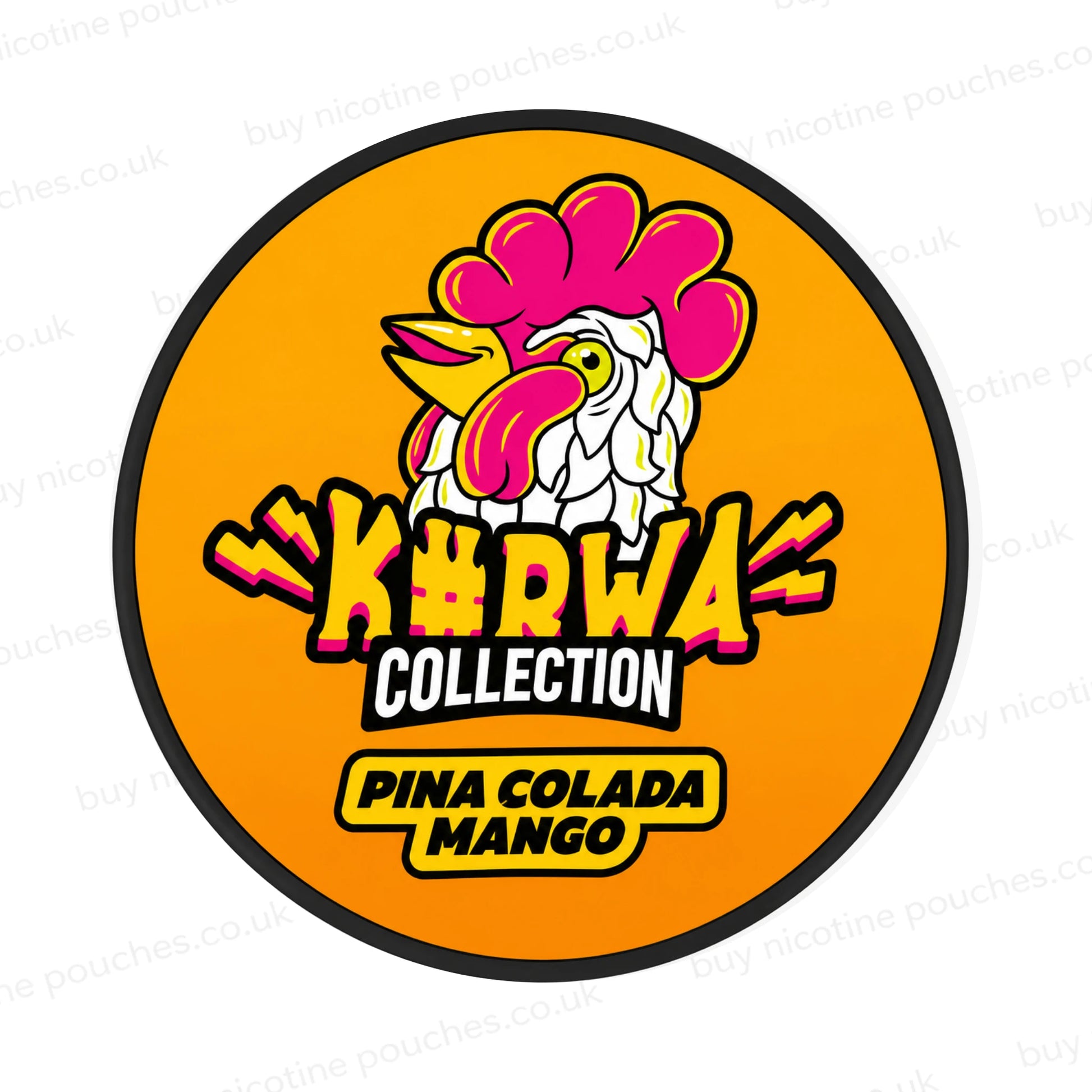 Nicotine pouch container with orange Kurwa Pina Colada Mango cartoon branding on a white background.