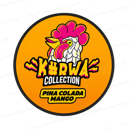 Nicotine pouch container with orange Kurwa Pina Colada Mango cartoon branding on a white background.